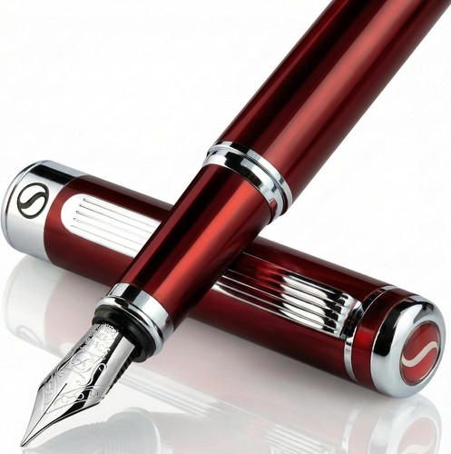 Elegant Deep Red Brass Fountain Pen with Chrome Finish and Fine Nib - Gift Ready - Foto 3 di 11
