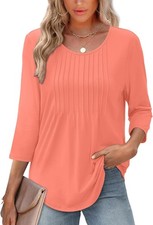 3/4 Length Sleeve Tops for Women Crewneck Casual Pleated Tunic