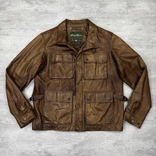 Eddie Bauer Mens Bomber Jacket Size Large Brown Genuine Lamb Leather Zip Up VTG