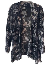 Citron Santa Monica Ruffled Silk Chiffon Jacket Black Floral Open Front L