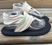 Sanuk Women's Yoga Sling 2 Sandals Flip Flop Beige Fabric, Black Sole Size 10
