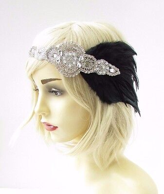 Black Silver Vintage Feather Headdress 1920s Great Gatsby Headband Diamante Y84