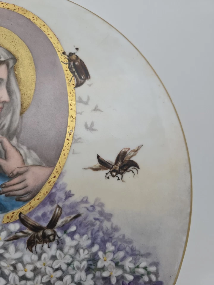 Plaque Signee Porcelaine Peinte Art Nouveau Vierge Marie Scarabés - Photo 4/4