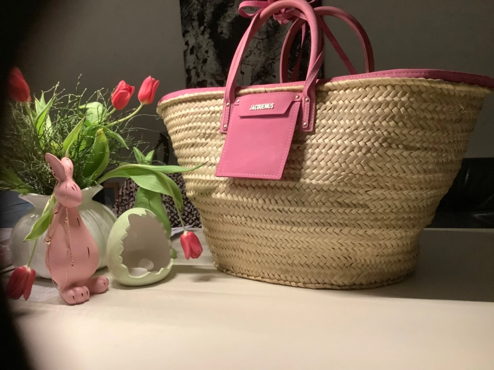 Jacquemus — €2000 XXL JAQUEMUS Le Grande shopper basket bag raffia LEATHER pink gold new