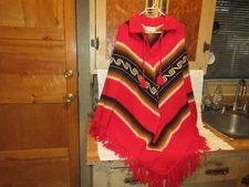 Inca Imports Southwestern Boho Red Fringed Tie Closure Poncho/Shawl 