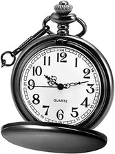 Classic Smooth Vintage Quartz Pocket Watch, Arabic Numerals Scale Mens Black