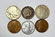 Lot of Indian Head Penny, Liberty V and Buffalo Nickel, Steel & 2 Wheat Pennies