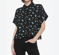 Hot Topic Shirt Womens M Black Pastel Crystals Celestial Crop Button Up Goth