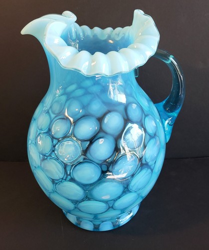 Large Vintage Fenton Blue Opalescent Glass Coin Dot Optic 9 1/2" Water Pitcher