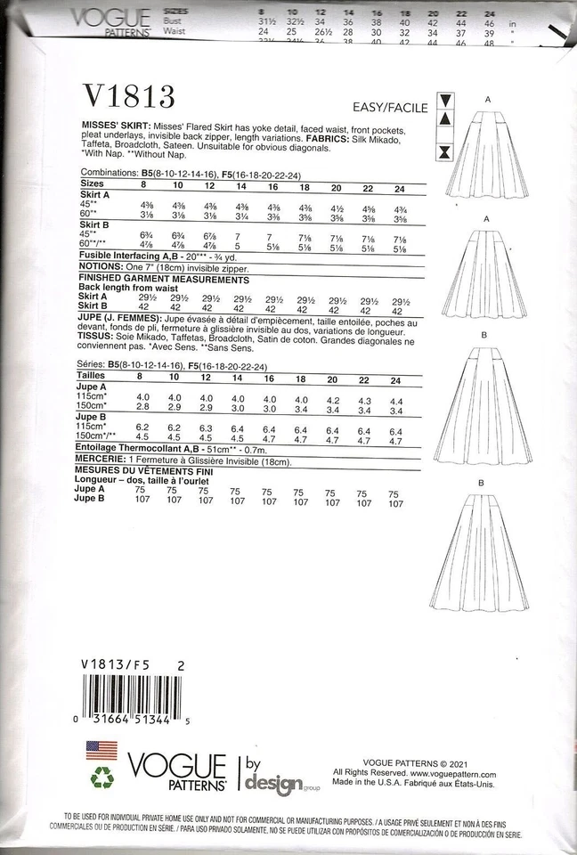 Vogue V1813 Misses 16 to 24 Easy Flared Skirt Uncut Sewing Pattern - Image 2 of 2
