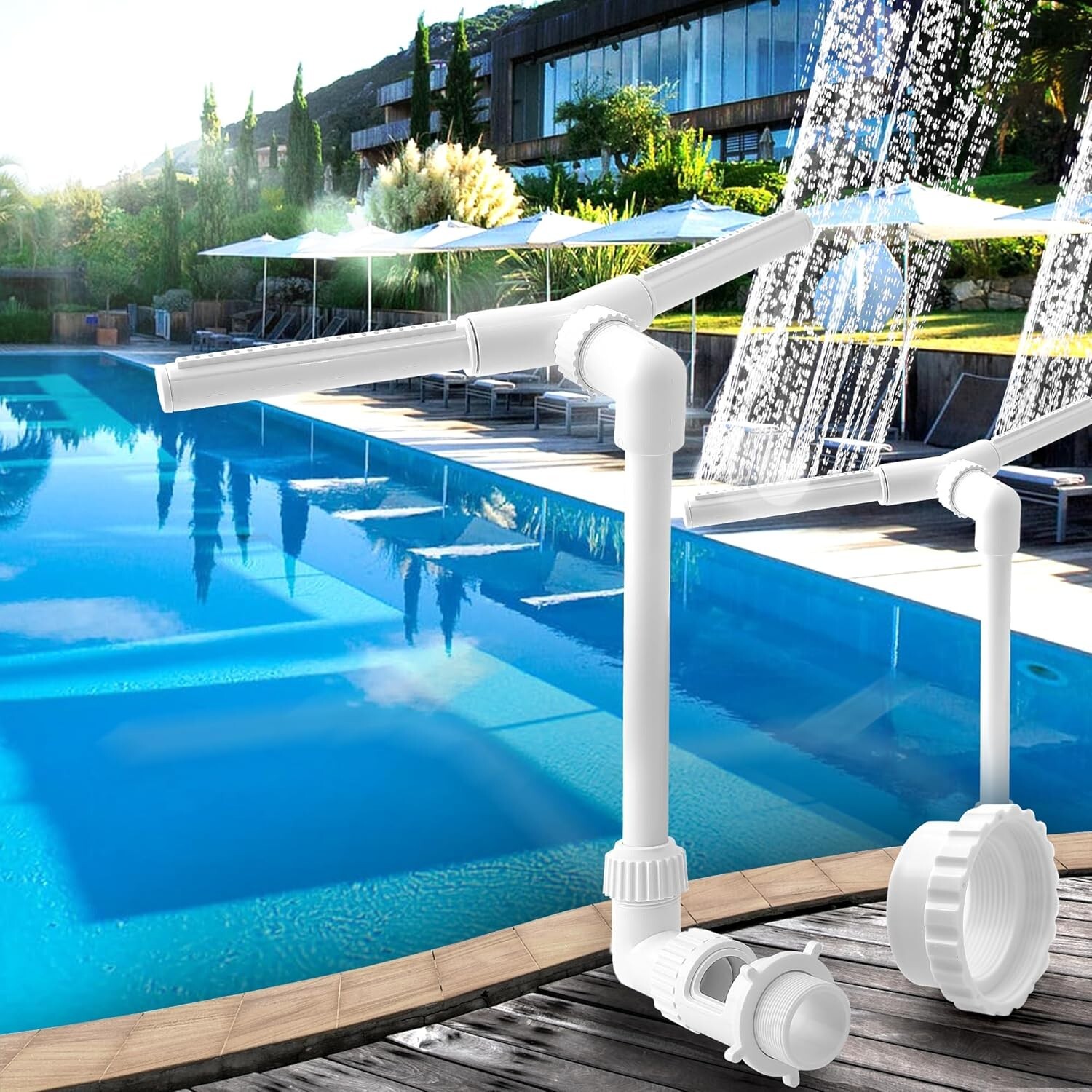 Fuentes de piscina para piscinas sobre el suelo, fuente de rociador doble para rociadores de piscina