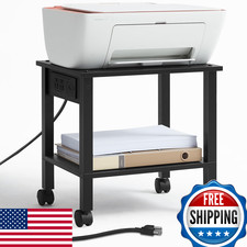 YUFAM 2 Tier Under Desk Printer Stand with Storage  Charging, Small Printer Tab