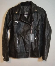 URBEST Black Faux Leather Jacket Motor Cycle Style Women's Large