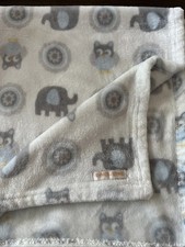 Blankets and Beyond Owls Elephants Baby Blanket Blue White Gray Circle Plush