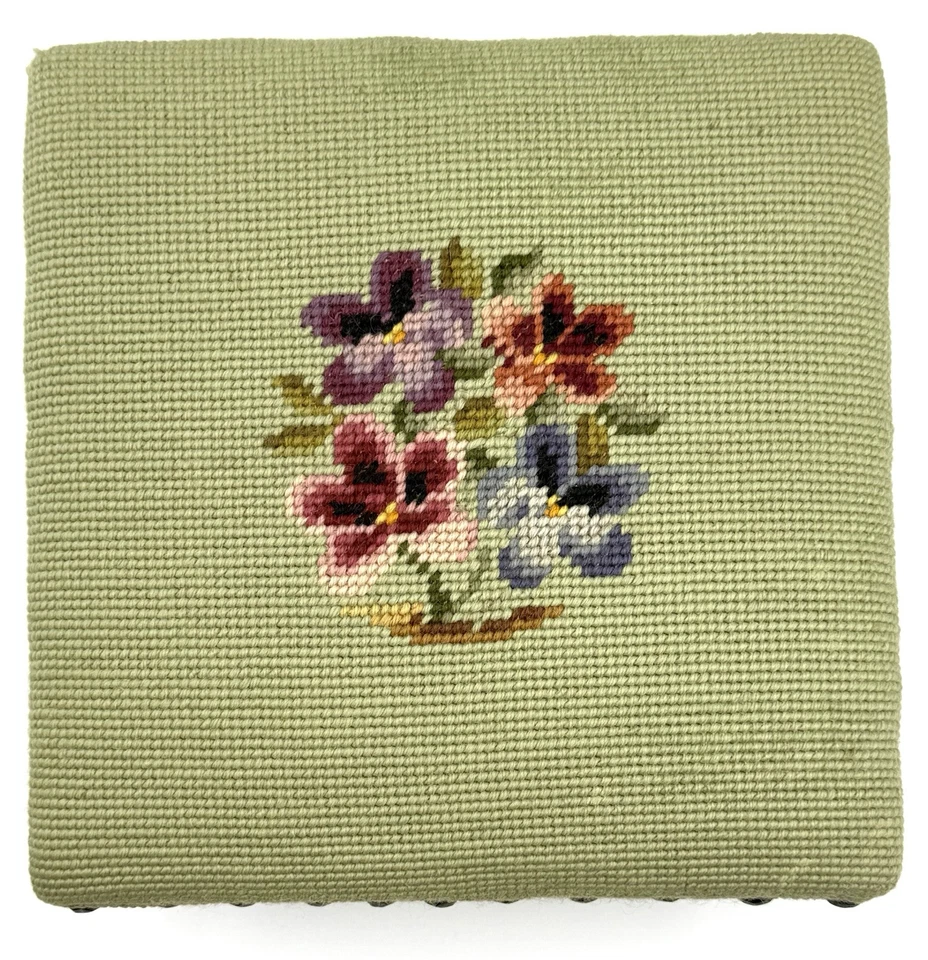 Vintage Needlepoint Floral Wood Footstool Ottoman 9”x9”x 4” - Image 2 of 4