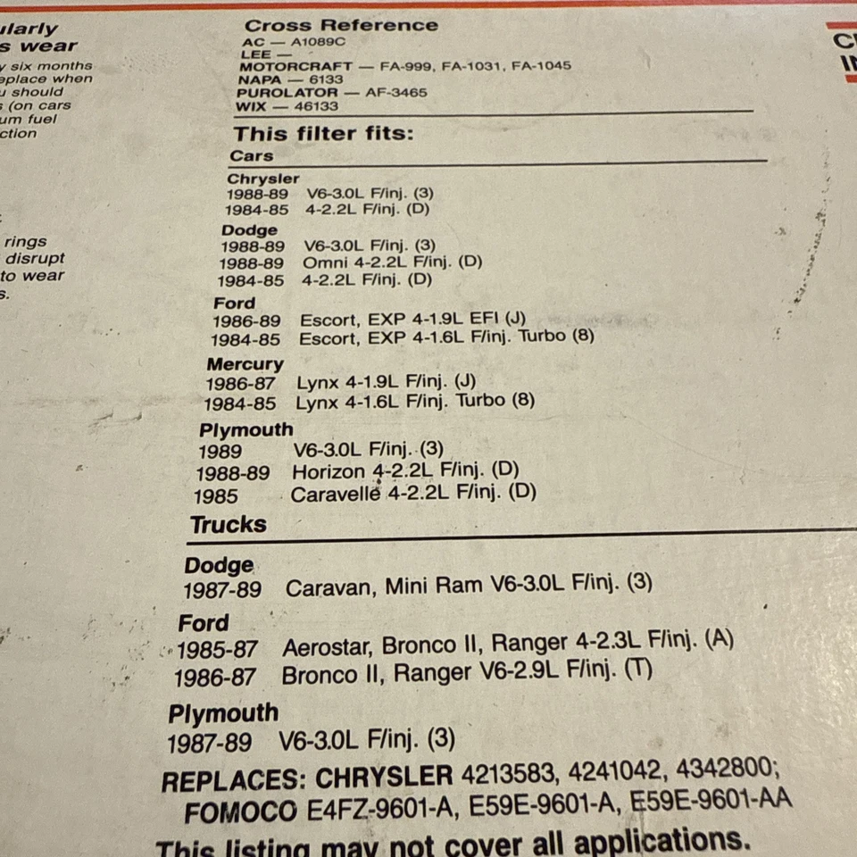 Filtro de aire NOS Fram CA3660, para Chrysler, Dodge, Mercury 1984-89 hecho en 🇺🇸 Foto 3 de 4