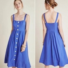 Anthropologie Maeve Rosemary Blue Midi Dress With Buttons & Pockets Size 14
