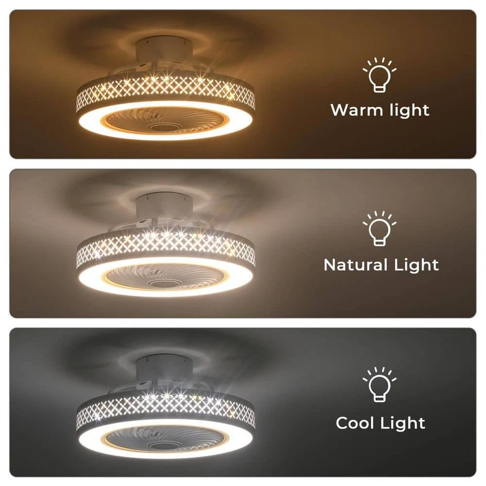 Tozing 20" LED Indoor White Bladeless Flush Mount Ceiling Fan Light Dimmable - Image 3 of 4