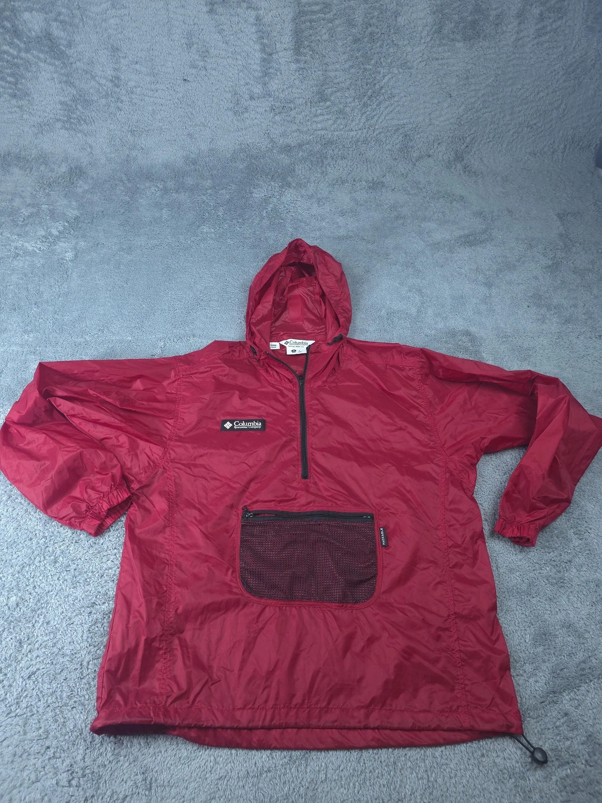 Columbia Jacket Mens Medium Red Packable Hooded Pullover Windbreaker Outdoors