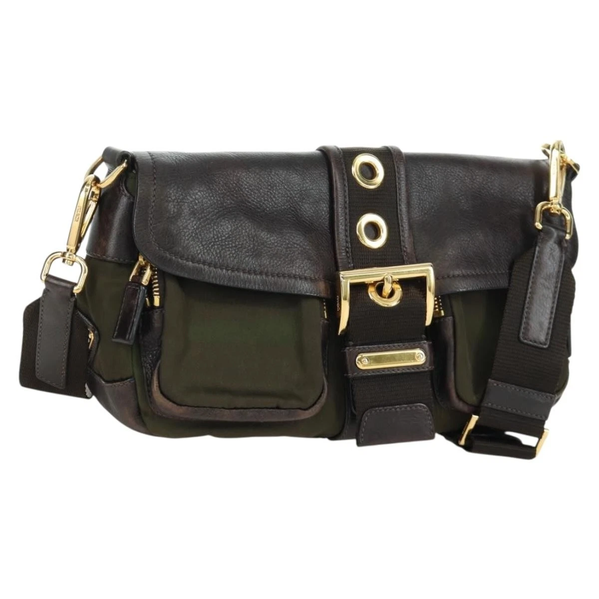 PRADA Shoulder Bag Nylon Leather Khaki Gold Auth ARZ154V | eBay
