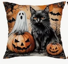Vintage Black Cat Ghost Fall Halloween Throw Pillow Cover Holiday Home Decor