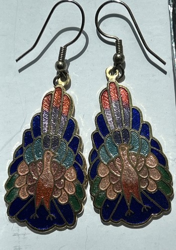 Vintage Omnia Beautiful Colors Enamel Cloisonné Peacock Earrings Dangle - Picture 3 of 4