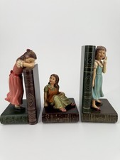 VTG 3pc Girl Reading Bookends Resin Storybook Children Library Cottage Decor