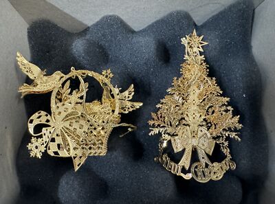 Lot of 2 Danbury Mint 2019 Gold Plated Christmas Ornaments Christmas Tree Basket