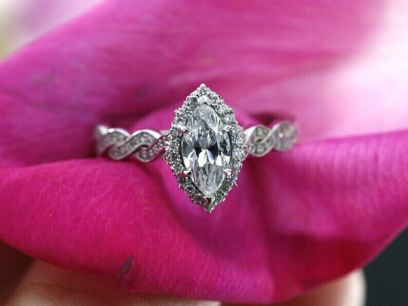 1.50Ct Marquise Cut Simulated Diamond Halo Wedding Ring In 14k White Gold Plated