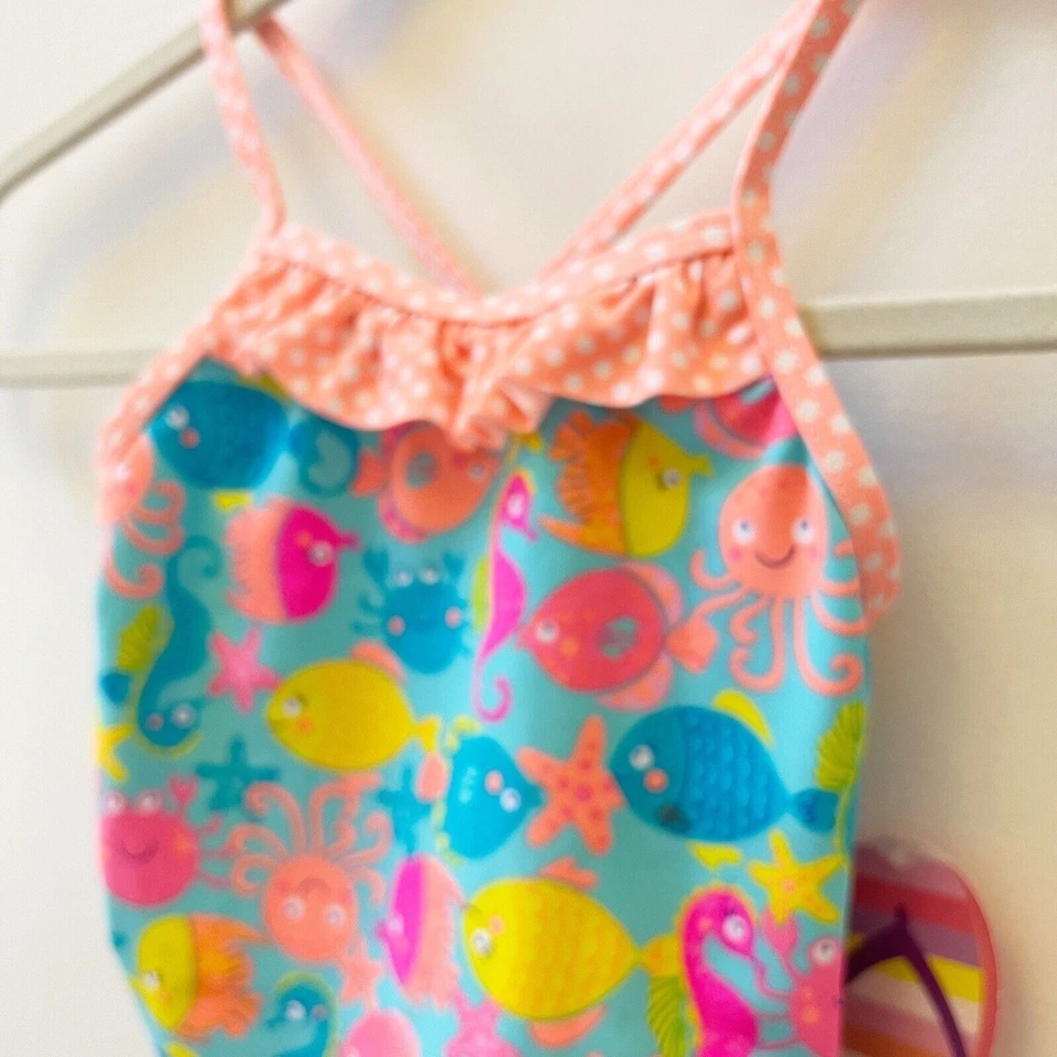 Tankini con Volantes Azul Rosa Pez 2 Piezas Niñas Pequeñas Talla 4 Nuevo con Etiquetas Foto 2 de 4