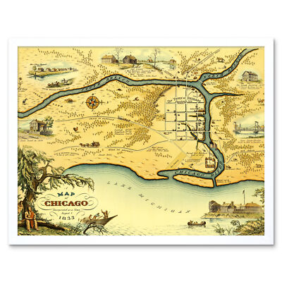 Conley 1833 Karte Chicago Illinois bildlich Gerahmter Druck 30x40 cm
