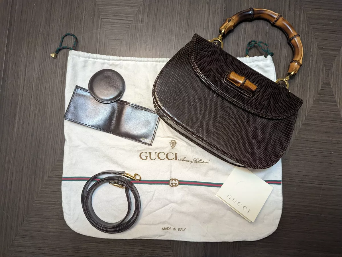 GUCCI Brown Lizard Classic Bag, Bamboo Handle, Shoulder Strap,