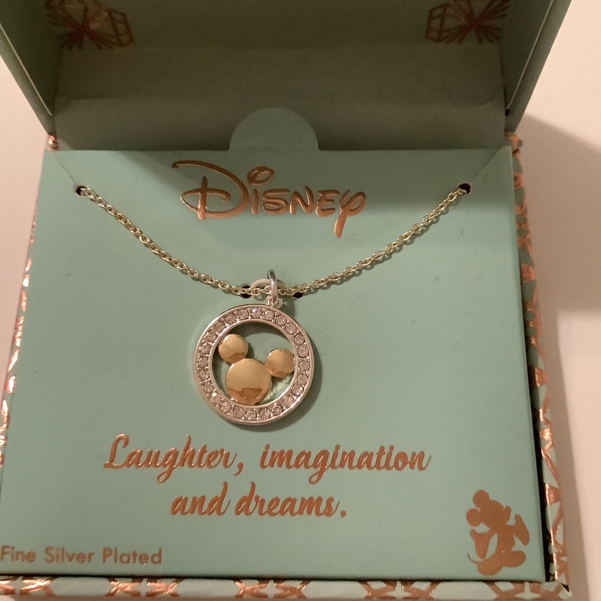 New Disney Mickey Mouse Ears In Crystal Circle Silver Plated Necklace