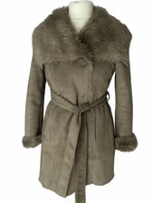 Fenn Wright Manson Studio Taupe Faux Suede, Fur Lined Belted Coat Uk14 Vgc