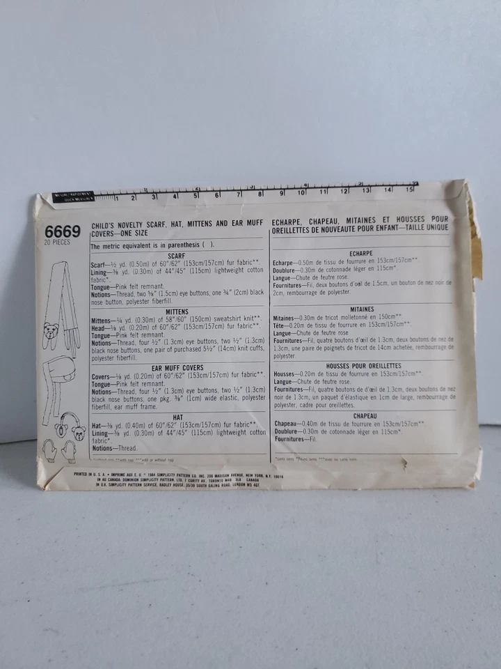 Simplicity Sewing Pattern 6669 Childs Scarf Hat Mittens Ear Muff Covers One Size - Image 2 of 3