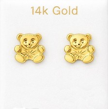 TEDDY BEAR STUD EARRINGS 14K Yellow Gold - NEW WITH TAG