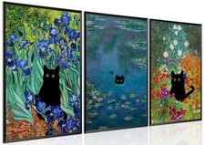 Monet Wall Art Set of 3 - Funny Cat in Water Lilies Canvas Paintings Prints G...