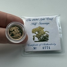 1990 Elizabeth II PROOF Half Sovereign in capsule with cert…. 3.99g of .916 Gold