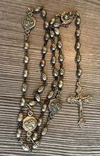 Vintage Stamped Crosses Beads Rosary Madonna & Child Miraculous Large Silver 