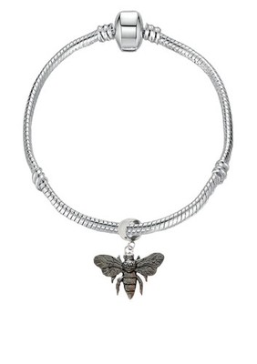 TSAR Honey Bee Pewter charm on silver Rhodium Plate Snake Bracelet