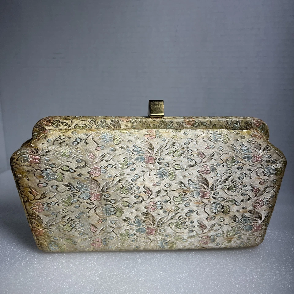 Vintage 1950s 60s Evening Purse Clutch Gold Metallic Brocade Floral MCM Pastel - Image 3 of 4