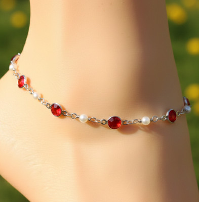 Minimalist Ruby & White Pearl Anklet | Silver Tone Adjustable Jewelry For Women