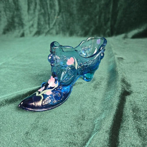 Fenton Blue Glass Slipper Hand Painted M. Wagner Floral Design 6" Uranium Glows