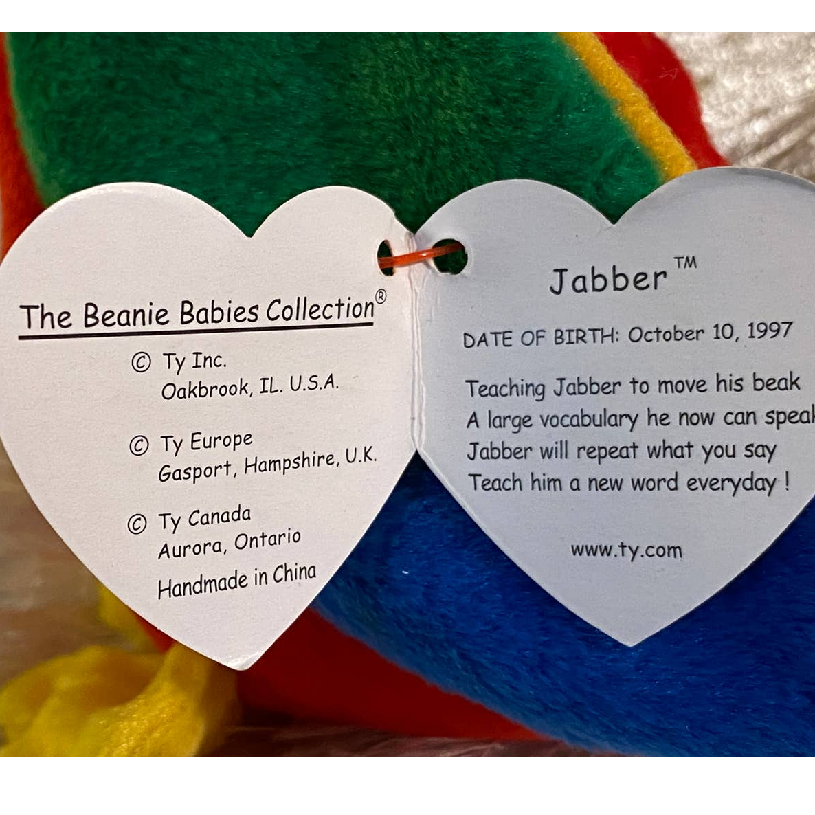 RARE Jabber the Parrot Ty Beanie Baby w/ GRAMMATICAL ERROR! Excellent