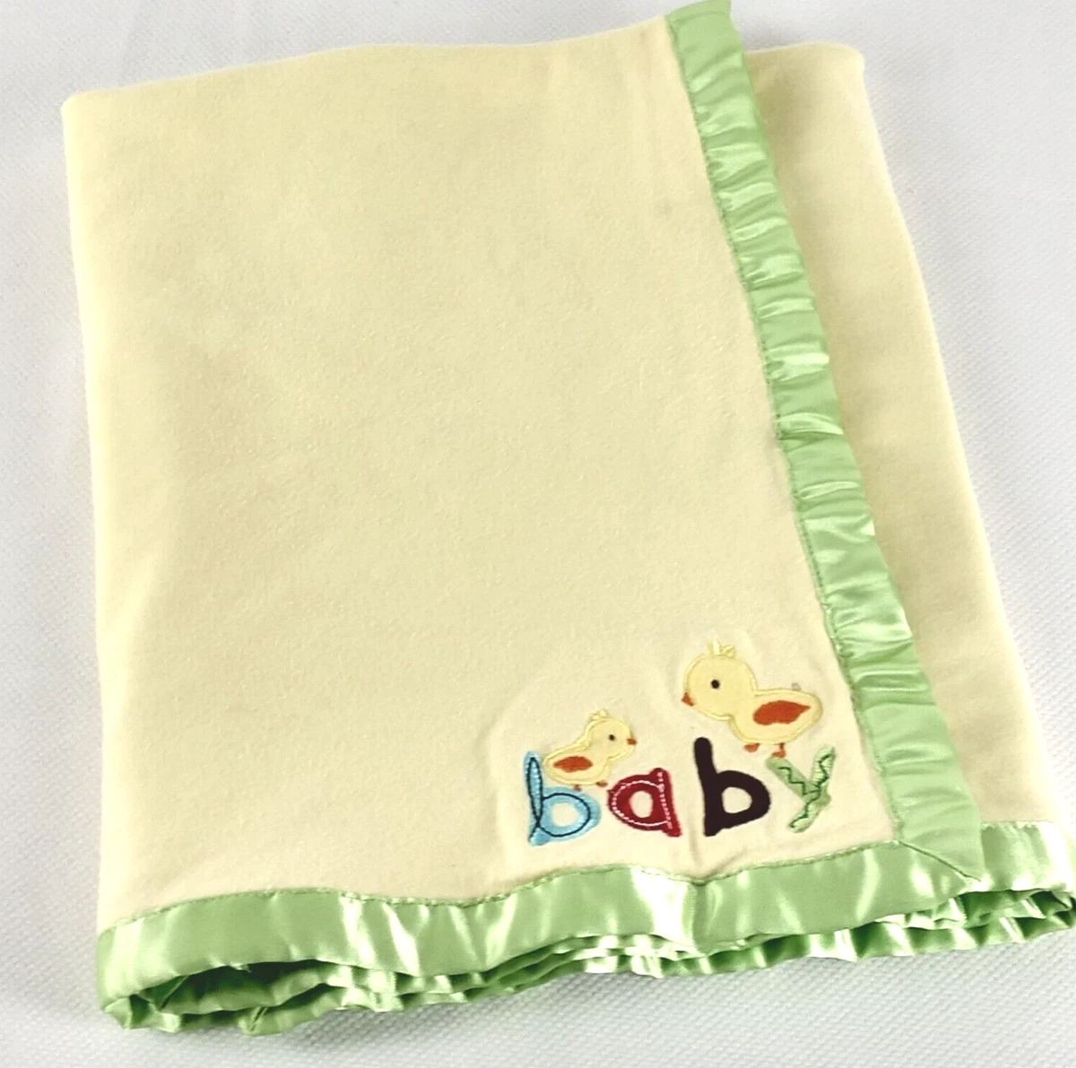Carters Baby Blanket Yellow Green Stripe Cotton Ducks Satin Trim Embroidered