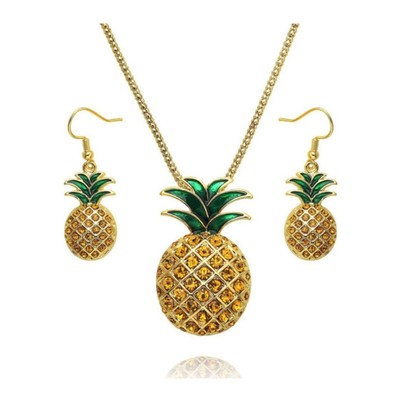 Yellow Crystal Green Enamel Pineapple Pendant Necklace and Earrings Set 1.8 Inch