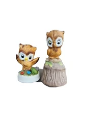 VTG Napco Handpainted Porcelain Mini Baby Owl Figurine & Desk Bell Set of 2