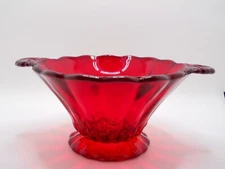 Vtg Viking Glass Red Amberina Bowl w/ Carved Handles 3 1/8" H 7 3/8" W