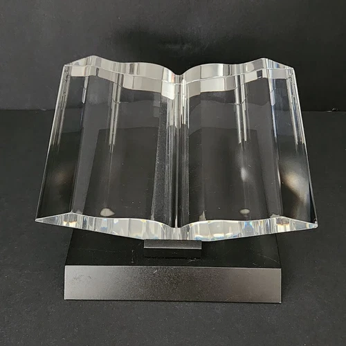 Steuben Crystal Glass Memory Book Sculpture Shaped Like Open Book On Black Base