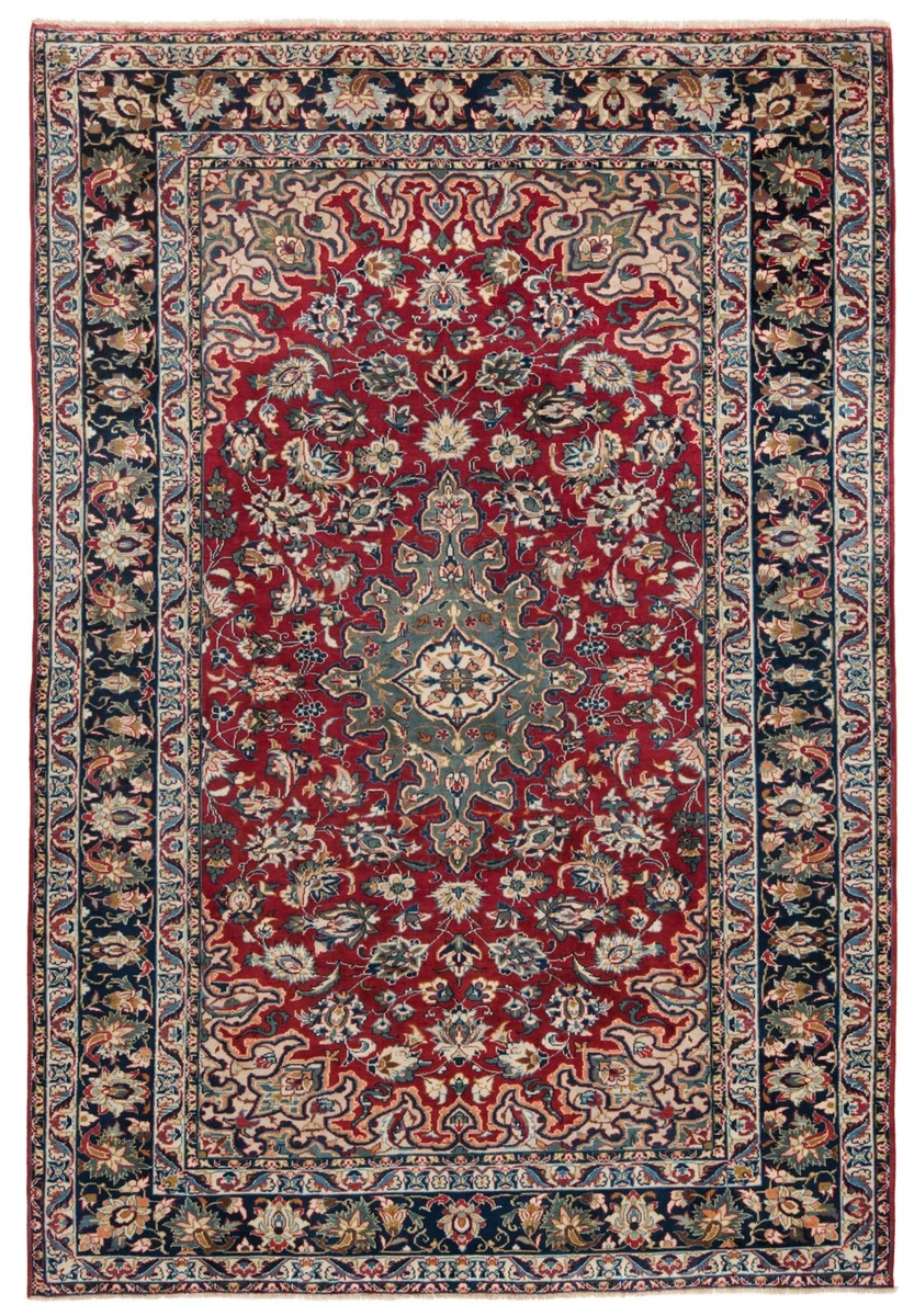 Grand Tapis Hereke Ancien Rouge Et Vert – 363 X 245 Cm – Fait Main En Laine Et Coton – Motif Oriental Vintage